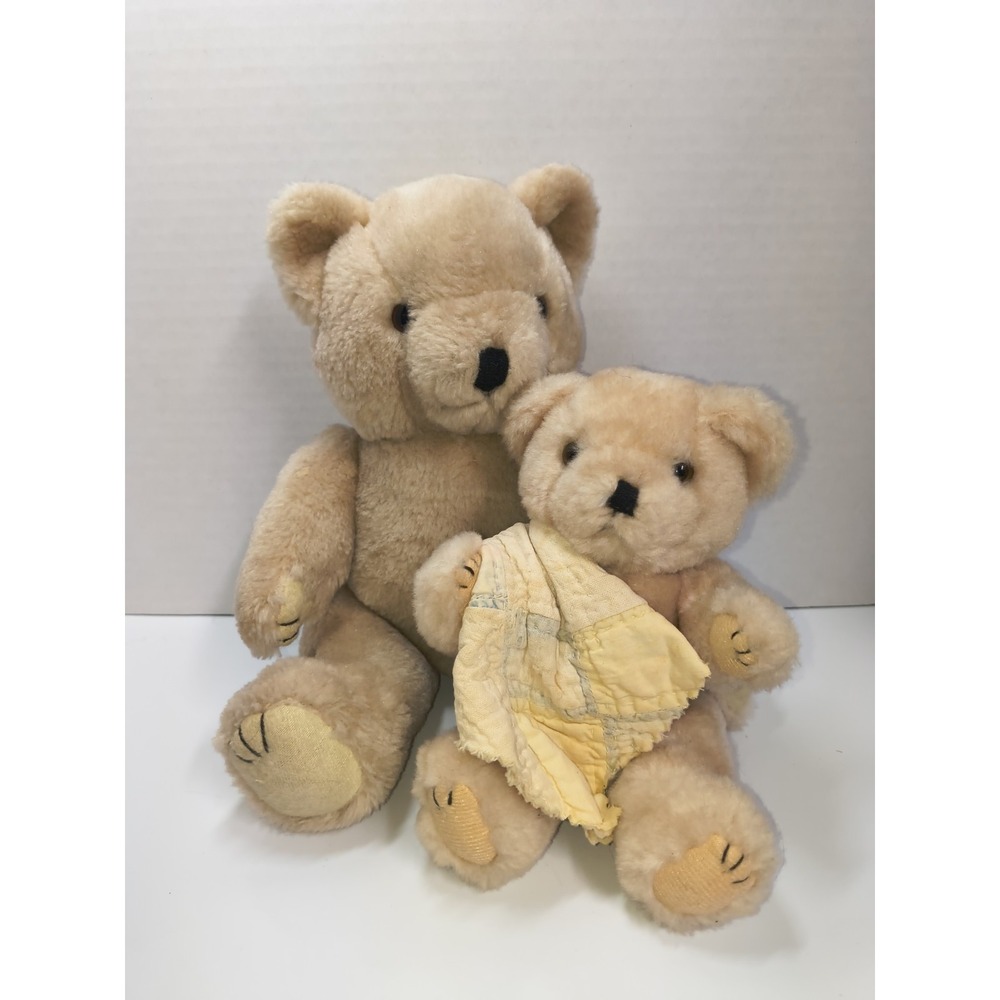 Vintage Joined Teddy Bear‎ Set Mom & Baby W Quilt Blanket Plush Stuffed Animal